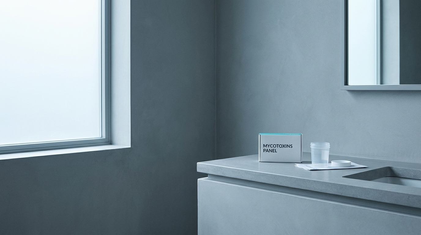 A mycotoxins panel test box and a sealed specimen cup on a stone bathroom vanity beside a frosted window.
