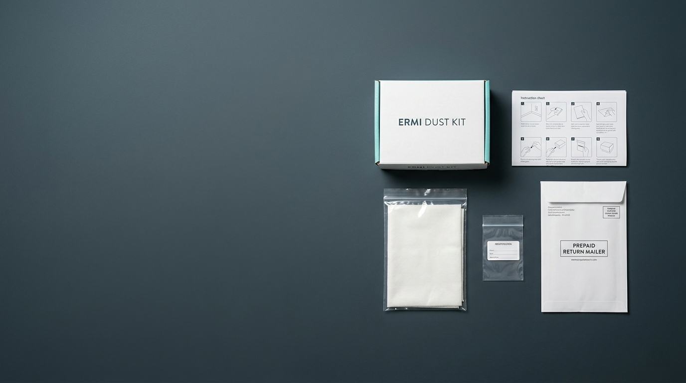 An ERMI dust kit laid out on a dark surface: the kit box, an instruction sheet, a dust sample bag, a small zip bag and a prepaid return mailer.